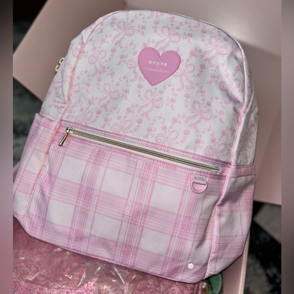 LoveShackFancy state pink coquette bow and gingham print backpack bag - Picture 5 of 12